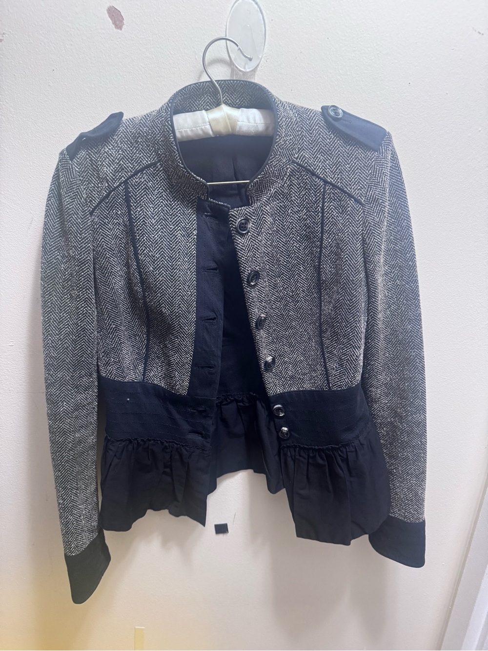 Herringbone Military-Style Peplum Jacket in Gray & Black